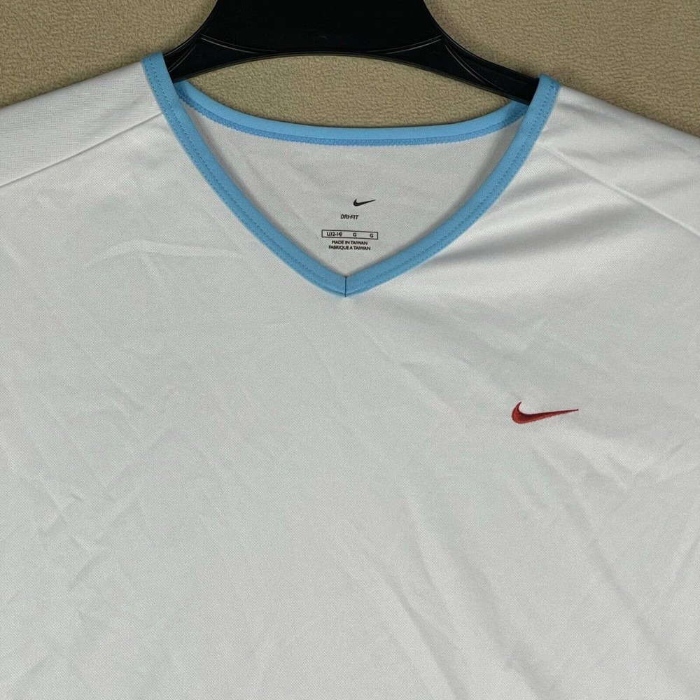Nike Girls L 12/14 Long Sleeve Athletic Shirt V Neck Stretch White Athletic Fit - Picture 2 of 11